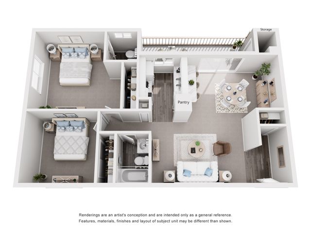 Charming 3D floor plan featuring two bedrooms, open kitchen, and inviting living area.