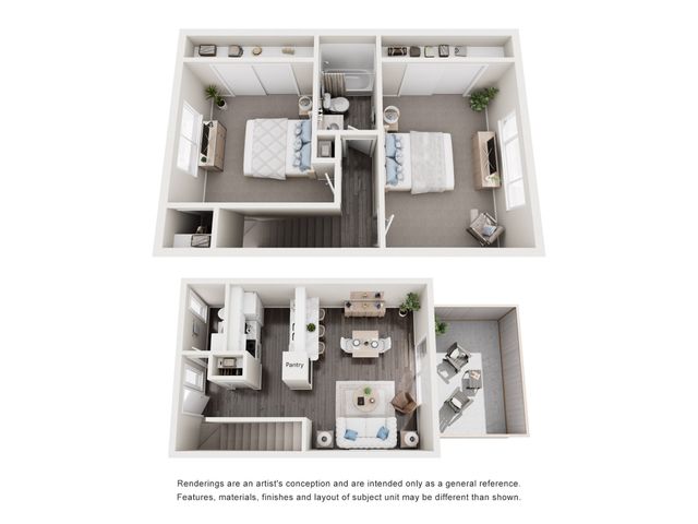 Contemporary 2D floor plan showcasing 2 bedrooms, a stylish open living area, and a functional kitchen.
