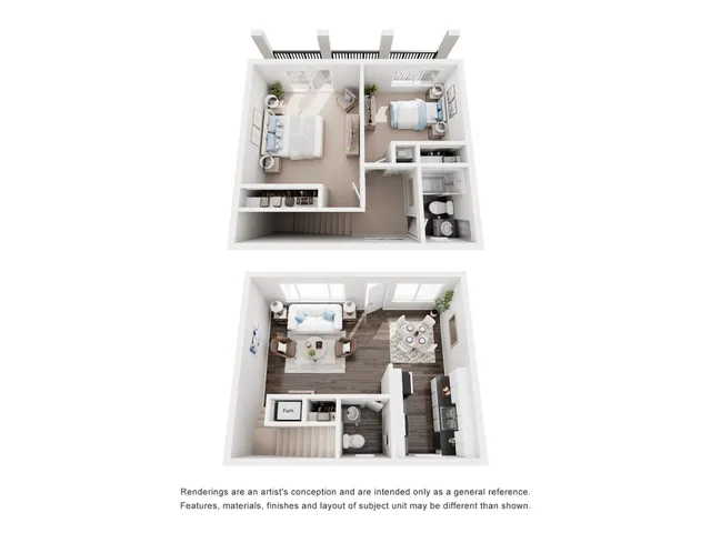 Elegant duplex floor plan featuring two bedrooms, a cozy living area, and an efficient kitchen.