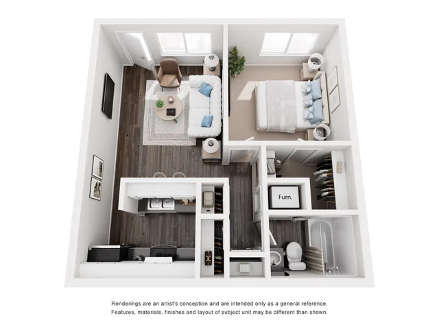 3D floor plan with a cozy living area, modern kitchen, and spacious bedroom.