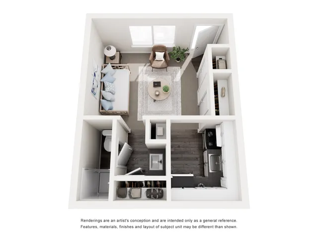 3D floor plan of a modern apartment featuring a spacious living area, bedroom, kitchen, and bathroom.