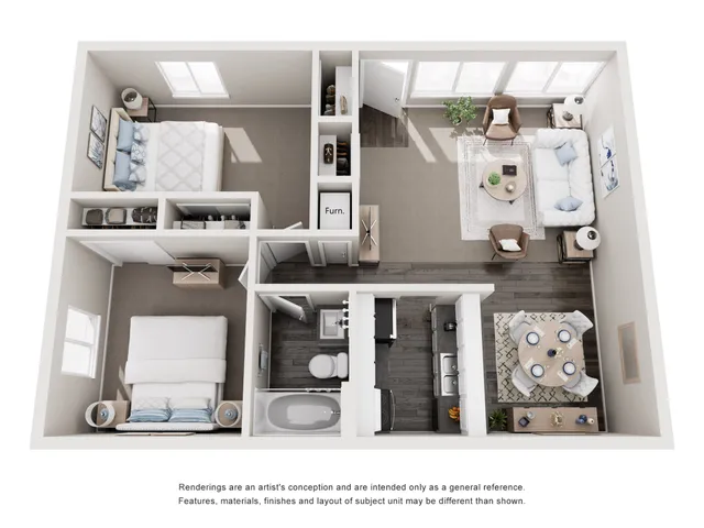 Sophisticated 3D floor plan of an elegant apartment with two bedrooms, a cozy living room, modern kitchen, and dining area.