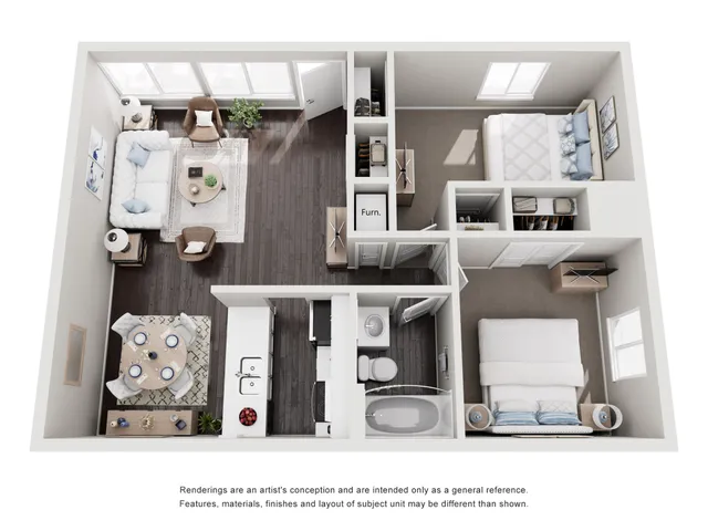 3D floor plan displaying a modern apartment with two bedrooms, an airy living room, and a well-equipped kitchen.