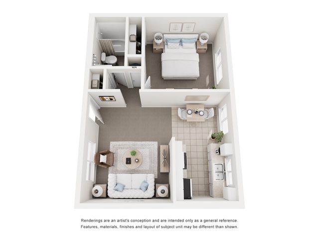 Charming apartment floor plan showcasing a cozy bedroom, modern kitchen, stylish living room, and a well-appointed bathroom.