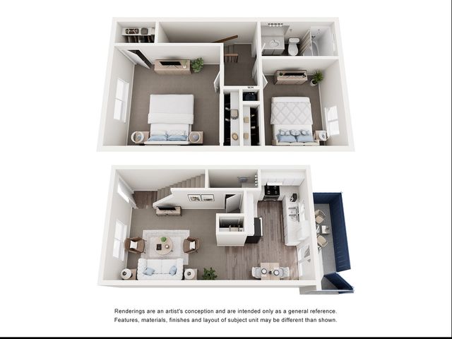 Chic 3D floor plan showcasing 2 bedrooms, modern living area, spacious kitchen, and balcony.