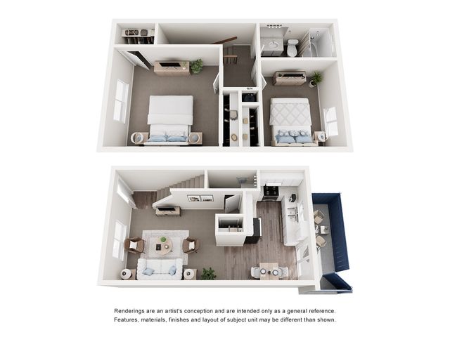 Chic two-story 3D floor plan showcasing 2 cozy bedrooms, an elegant bathroom, and a stylish open-concept living area with modern kitchen and inviting outdoor space.