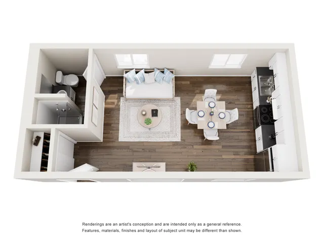 Contemporary 3D floor plan with a cozy living room, modern kitchen, and elegant dining area.