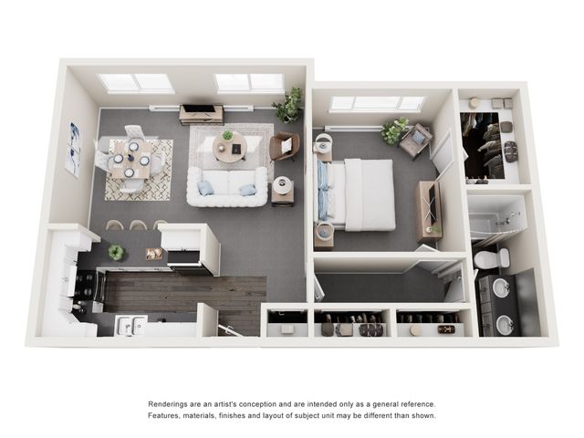 Modern 3D floor plan showcasing a spacious one-bedroom apartment with a luxurious living area, stylish kitchen, and elegant bathroom.