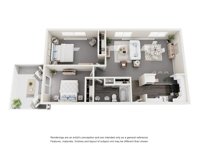 Modern 3D floor plan showcasing two spacious bedrooms, an elegant living room, a contemporary kitchen, and a cozy balcony.