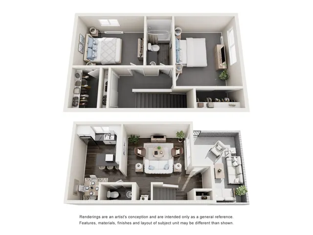 Modern 3D floor plan showcasing two spacious bedrooms, a cozy kitchen with a breakfast bar, and a stylish living area opening to a private balcony.