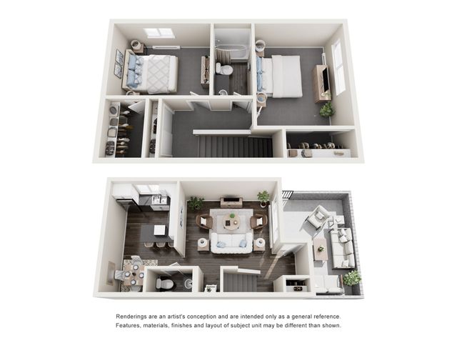 Charming duplex floor plan featuring two bedrooms and bathroom upstairs, with a stylish open-concept living and dining area, modern kitchen, and spacious balcony on the main floor.
