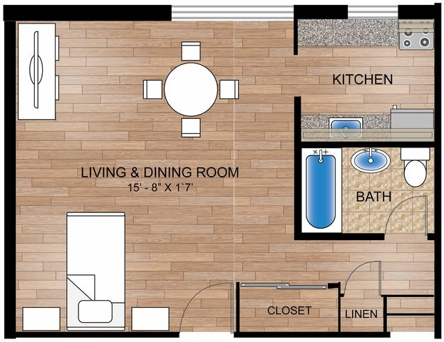 Chic floor plan showcasing a combined living and dining area, modern kitchen, bath, closet, and linen space with elegant wood flooring.