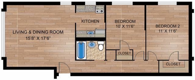 Modern floor plan showcasing a spacious living and dining area, two cozy bedrooms, an efficient kitchen, and a well-appointed bathroom with hardwood flooring.