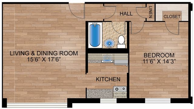 Modern floor plan featuring a spacious living and dining room, cozy kitchen, and a large bedroom with a closet, perfect for comfortable living.
