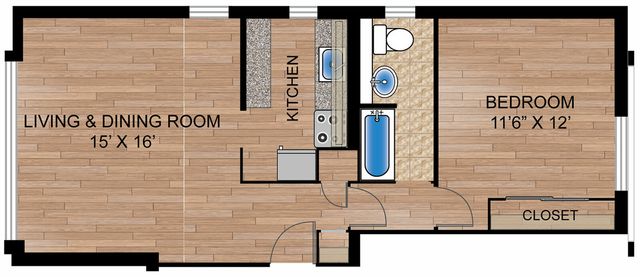 Bright 2D floor plan showcasing a cozy one-bedroom apartment with spacious living and dining area, modern kitchen, and elegant bathroom layout.