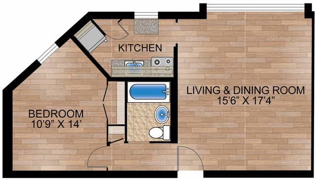 Inviting 2D floor plan showcasing a cozy bedroom, efficient kitchen, and spacious living and dining area.
