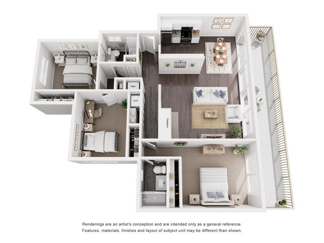 Elegant floor plan showcasing a spacious 3-bedroom layout with modern kitchen, cozy living area, and expansive balcony.