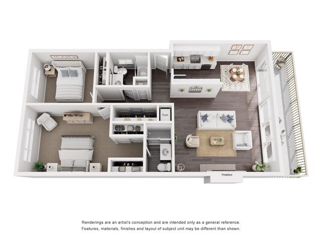 Charming 3D floor plan with two cozy bedrooms, a modern kitchen, and a welcoming living area, complete with a stylish dining space and balcony access.