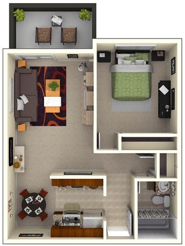 Charming 1-bedroom apartment floor plan with cozy living room, modern kitchen, elegant bathroom, and private balcony.
