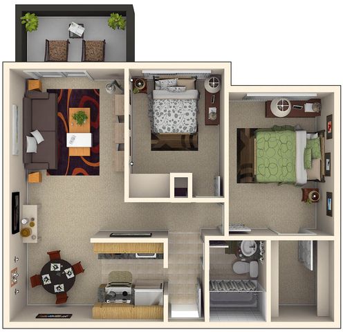 Inviting 2D apartment floor plan featuring two cozy bedrooms, a modern kitchen, elegant living room, and private balcony space, perfect for relaxing evenings.
