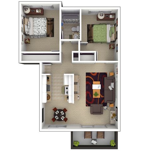 Modern floor plan showcasing 2 bedrooms, cozy open living area, sleek kitchen, and stylish balcony.