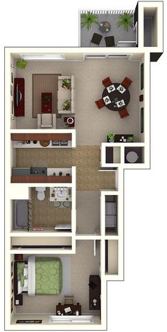 Modern 1-bedroom apartment floor plan with an open-concept kitchen and living area, dining space, cozy balcony, and elegant bathroom.