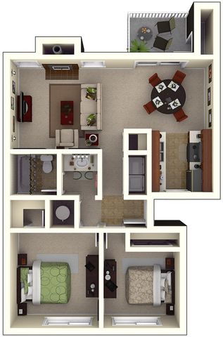 Chic 3D floor plan showcasing 2 cozy bedrooms, a modern kitchen, bright living area, and a stylish dining space with a charming balcony.