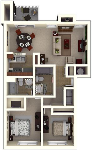 Modern 3D floor plan showcasing two bedrooms, an inviting living room, and an efficient kitchen with dining area. Features two bathrooms and a cozy balcony space.