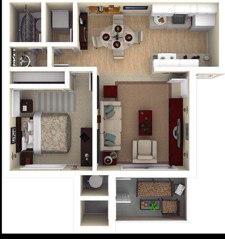 Contemporary 3D floor plan showcasing a spacious bedroom, inviting living room, modern kitchen, and cozy dining area.