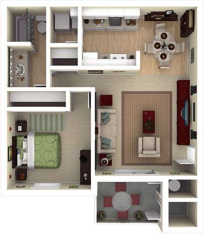 Efficient 1-bedroom apartment floor plan with open kitchen, cozy living space, and modern dining area.