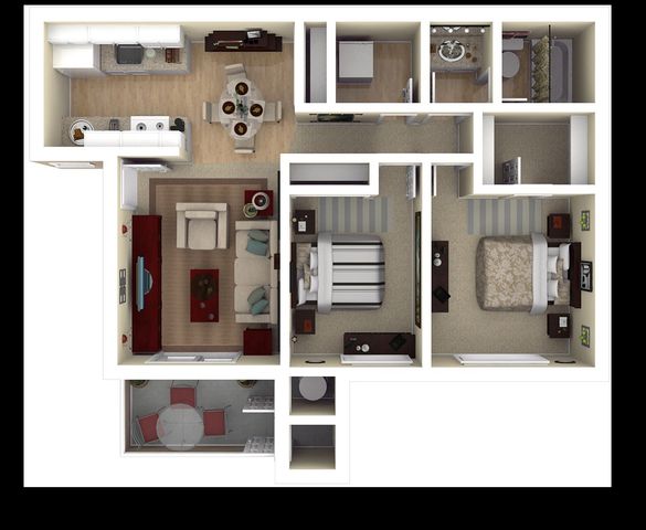 Elegant floor plan highlighting a modern 2-bedroom apartment with a spacious living room, cozy dining area, stylish kitchen, and a welcoming outdoor patio.