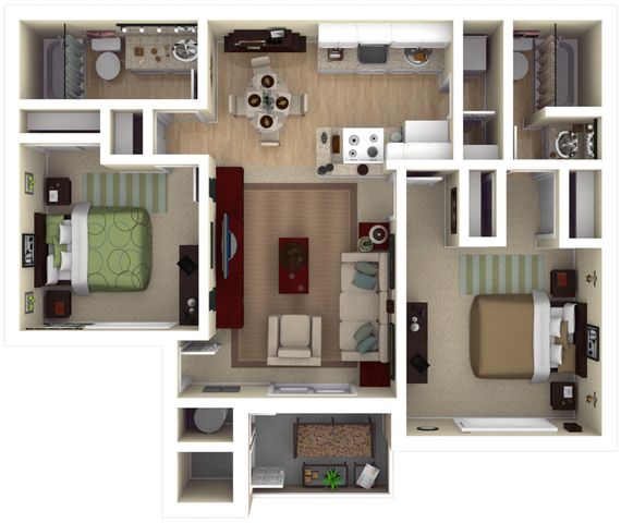 Chic floor plan showcasing 2 spacious bedrooms, inviting living room, modern kitchen, and 2 sleek bathrooms.