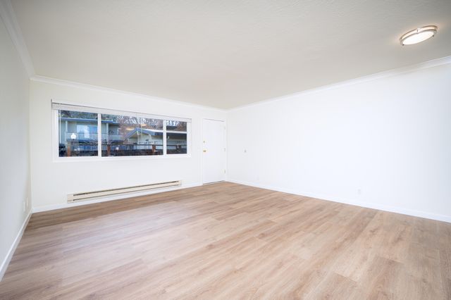 Bright and spacious empty living room with large window, showcasing elegant wooden flooring and freshly painted white walls.