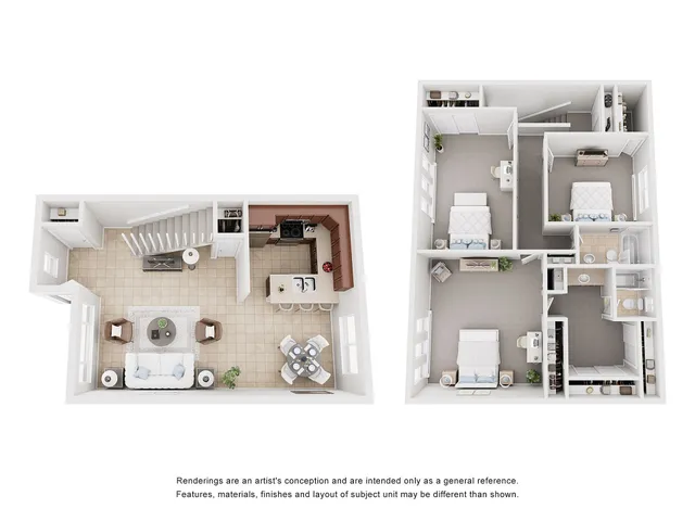 Elegant 3D floor plan showcasing a sophisticated two-story apartment with a spacious open-concept living area, modern kitchen, and three inviting bedrooms.