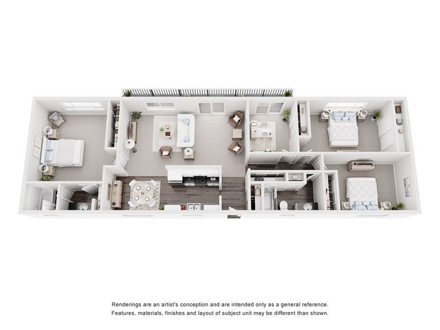 Modern 3D floor plan showcasing three spacious bedrooms, a welcoming open-plan living area, and an elegant kitchen with dining space.