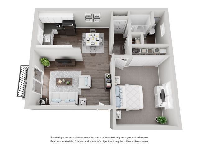 Modern 3D floor plan featuring a spacious one-bedroom apartment with an open-concept living area, sleek kitchen, and private balcony.