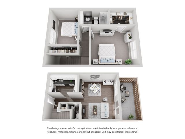 Modern 2-story apartment floor plan showcasing 2 cozy bedrooms, a functional kitchen, spacious living area, and a charming balcony.