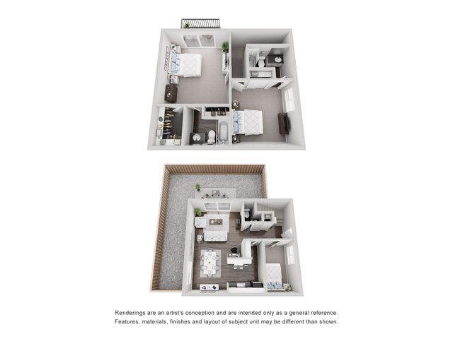 Modern 3D floor plan showcasing two bedrooms, two bathrooms, a spacious living room, and an elegant dining area with a private outdoor patio.