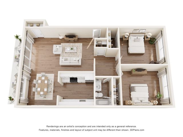 Contemporary 3D floor plan showcasing a spacious apartment with two cozy bedrooms, a sleek open kitchen, and a bright living area. Ideal for modern living.
