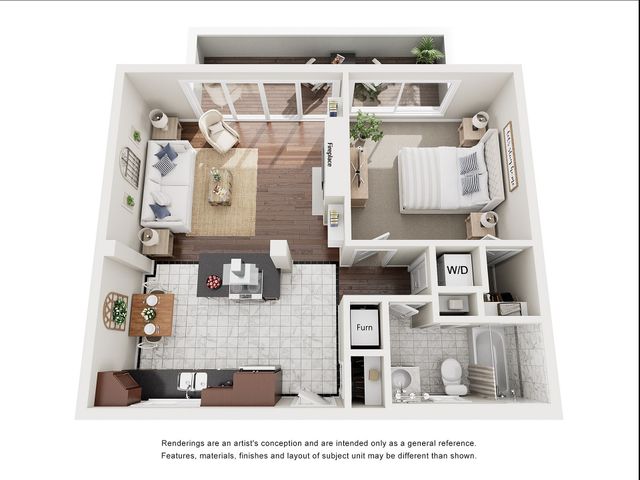Chic open-plan apartment layout featuring a cozy bedroom, modern kitchen with breakfast bar, and inviting living area. Includes a stylish bathroom and convenient in-unit laundry.