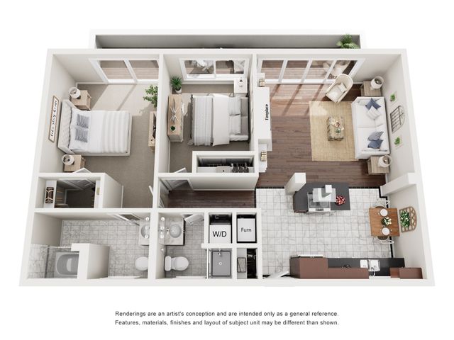 Modern 3D floor plan showcasing 2 spacious bedrooms, a cozy living area with a fireplace, and a sleek kitchen with an island counter.