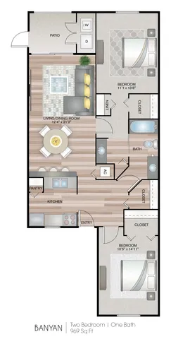 Banyan two-bedroom, one-bath floor plan with patio and kitchen, 969 sq ft.