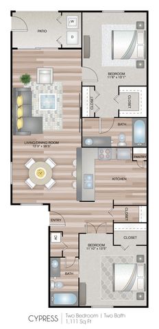 Cypress floor plan illustrating a two-bedroom, two-bathroom apartment with a spacious living/dining area, kitchen, and patio, covering 1,111 sq ft.