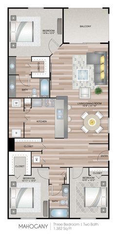 Mahogany floor plan depicting a spacious three-bedroom, two-bathroom apartment with a balcony and open living/dining area.