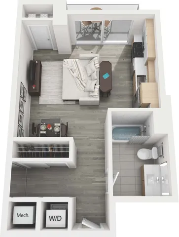 Modern open-concept apartment floor plan featuring a cozy living area, sleek kitchen, intimate dining space, and elegant bathroom.