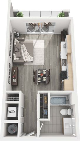 Chic 1-bedroom apartment floor plan with modern living area, balcony, sleek kitchen, and spacious bathroom.