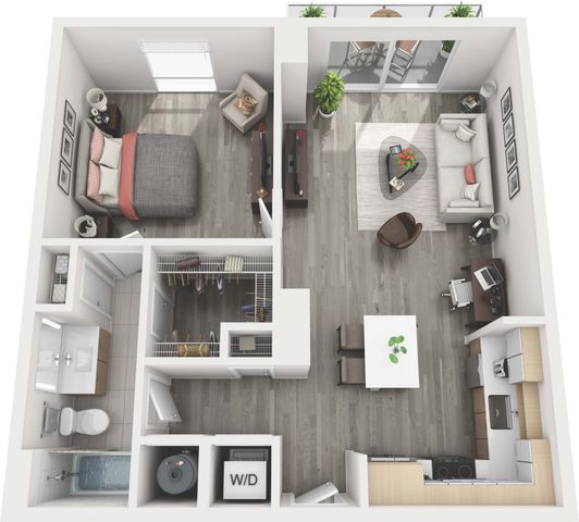 Modern 2D floor plan featuring a cozy bedroom, spacious living area with balcony access, stylish kitchen, and a full bathroom, ideal for comfortable urban living.