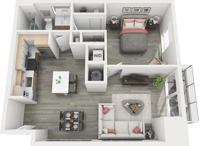 Modern floor plan showcasing a spacious one-bedroom apartment with a stylish open-concept kitchen, cozy living area, and elegant bathroom.