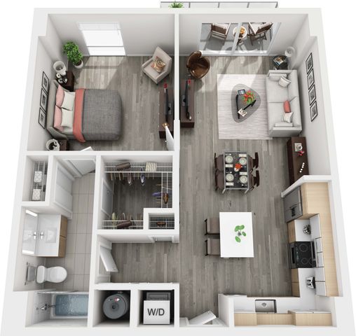 Elegant 3D floor plan showcasing a spacious 1-bedroom apartment with open-concept living and dining area, modern kitchen, and private balcony.