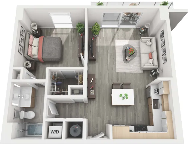 Inviting 1-bedroom apartment floor plan featuring an open living and dining area, modern kitchen, and private balcony.